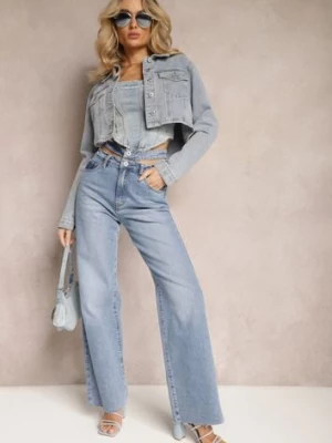 Jasnoniebieskie Szerokie Jeansy High Waist z Kieszeniami Leorrio