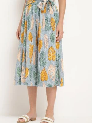 Jasnoniebieskie Szerokie Spodnie z Wysokim Stanem i Bawełną oraz Gumką w Talii Opefia airisa