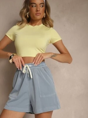 Jasnoniebieskie Szorty High Waist z Wiskozą o Klasycznym Kroju z Kieszeniami i Wiązaniem Raletta yu & me