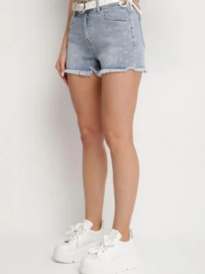Jasnoniebieskie Szorty Jeansowe z Bawełny w Kropki z Wysokim Stanem Folelira hello miss