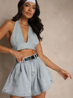 Zdjęcie produktu Jasnoniebieskie Szorty z Bawełny High Waist Ozdobione Paskiem Saromine Elsa.m By May