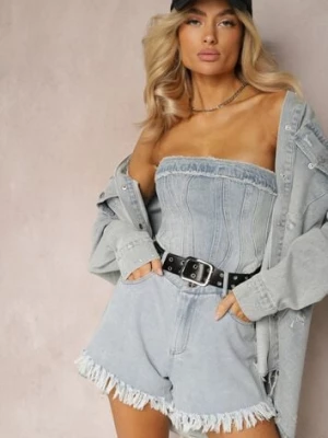 Jasnoniebieskie Szorty z Paskiem z Imitacji Skóry Ozdobione Postrzępionymi Krawędziami Lienara elsa.m by may