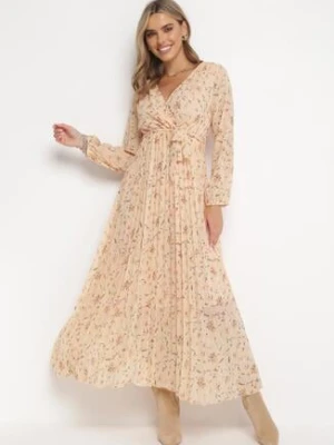 Jasnopomarańczowa Sukienka Maxi z Gumką w Talii i Plisowanym Dółem Danora rosa