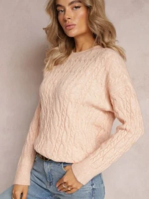 Jasnopomarańczowy Sweter z Okrągłym Dekoltem i Splotem w Warkocze Dawnitta wool fashion