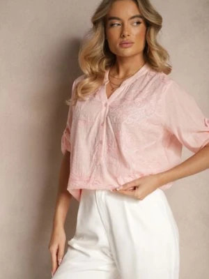 Jasnoróżowa Bawełniana Koszula Ozdobiona Haftem i Regulowanymi Rękawami Aranovia metrofive