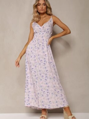 Jasnoróżowa Bawełniana Sukienka na Cienkich Ramiączkach w Kwiecisty Wzór o Rozkloszowanym Fasonie Rosaq defox
