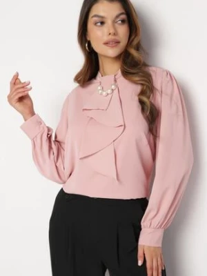Jasnoróżowa Bluzka z Ozdobnym Krawatem i Perłami Opinua j&x