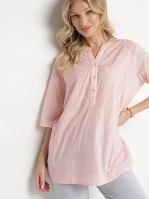 Jasnoróżowa Haftowana Koszula z Bawełny z Podwijanymi Rękawami Aradwena metrofive