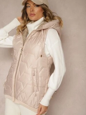 Jasnoróżowa Kamizelka z Kapturem Ozdobiona Wstawką z Ekoskóry i Pikowaniem Terithasa swest