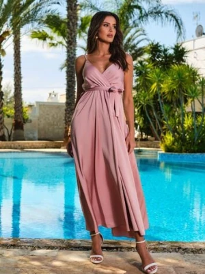 Jasnoróżowa Koktajlowa Sukienka z Gumką w Pasie na Regulowanych Ramiączkach Anajane lovery