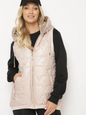 Jasnoróżowa Pikowana Kamizelka z Kapturem i Wstawką z Ekoskóry Terienne swest