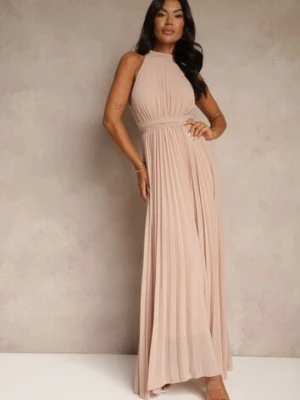 Jasnoróżowa Plisowana Sukienka z Kopertowym Dekoltem i Gumką w Talii Dimitris lily rose