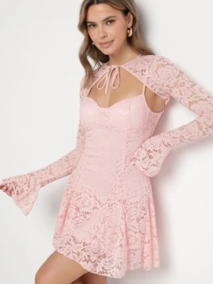 Jasnoróżowa Rozkloszowana Sukienka Koktajlowa z Koronką i Bolerkiem Eyrfedi allyson