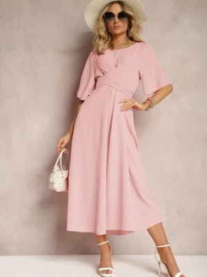 Jasnoróżowa Rozkloszowana Sukienka Maxi z Szerokim Rękawem i Gumką w Pasie Sador lily rose