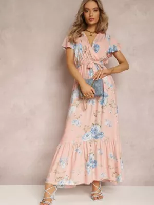 Jasnoróżowa Sukienka w Kwiaty o Kopertowym Kroju z Wiązanym Paskiem Iphene cflo