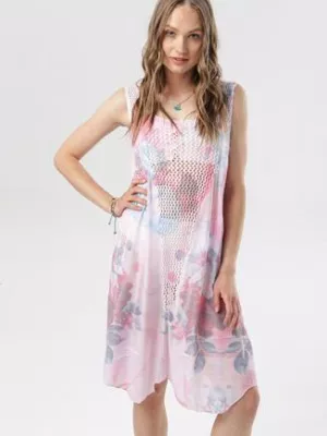 Różowa Plażowa Sukienka z Siateczką i Wzorem w Kwiaty Raby