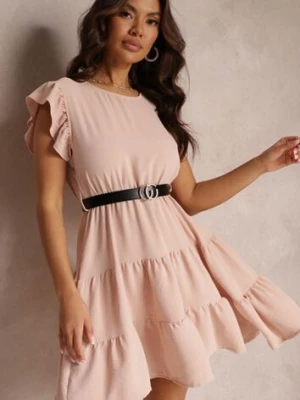 Jasnoróżowa Sukienka Mini z Falbankami Paskiem i Gumką w Talii Lavada j studio