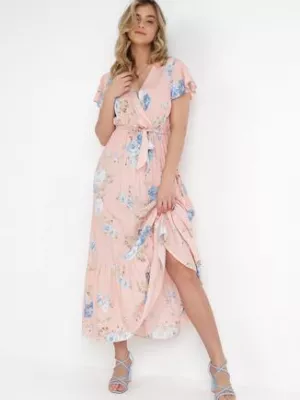 Jasnoróżowa Kopertowa Sukienka w Kwiatowy Wzór z Paskiem i Falbanką Thellippe cflo