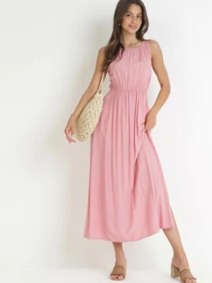 Jasnoróżowa Sukienka z Wiskozy Bez Rękawów z Gumką w Pasie Fona cflo