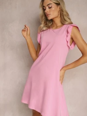 Jasnoróżowa Trapezowa Sukienka z Elastycznej Bawełny z Falbankami Przy Ramionach Aleradia glo-story