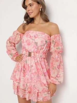 Jasnoróżowa Wiskozowa Sukienka Hiszpanka z Falbanami i Paskiem w Kwiaty Virmoi lovery