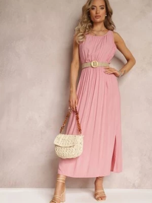 Jasnoróżowa Wiskozowa Sukienka z Gumką w Talii Na Ramiączkach Suzias cflo