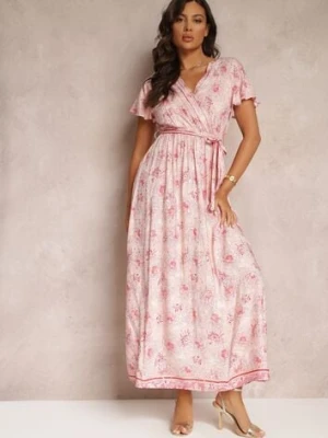 Jasnoróżowa Wiskozowa Sukienka z Metalicznym Wzorem i Gumką w Pasie Carinalia cflo