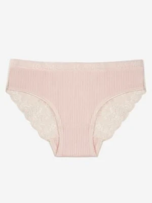 Jasnoróżowe Bawełniane Majtki Figi z Prążkowanej Tkaniny z Koronką Erqelia han
