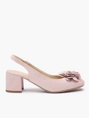 Jasnoróżowe czółenka bez pięty slingback z kwiatem Ryłko