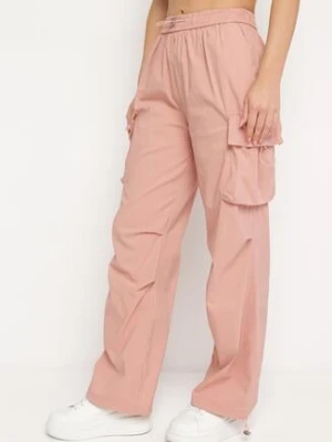 Jasnoróżowe Spodnie Typu Bojówki z Gumką w Pasie i Ściągaczami przy Nogawkach Bioliana h&s