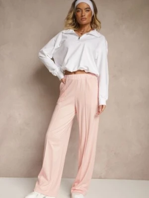 Jasnoróżowe Spodnie z Wiskozą o Szerokim Kroju Ozdobione Kantem Belhira j studio