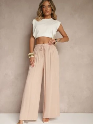 Jasnoróżowe Szerokie Spodnie High Waist z Gumką w Talii Ilnena