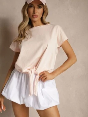 Jasnoróżowy Bawełniany T-shirt Wiązany u Dołu Sunalina