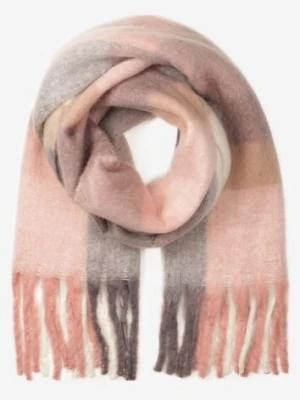 Jasnoróżowy Dzianinowy Szalik Ozdobiony Klasyczną Kratą i Frędzlami Soleria