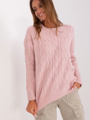 Jasnoróżowy klasyczny sweter damski z warkoczami
