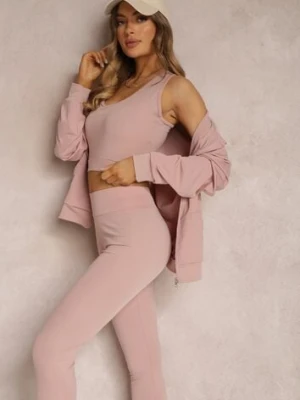 Jasnoróżowy Komplet Dresowy 3-częściowy z Legginsami Bluzą i Topem Heri