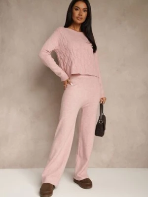 Jasnoróżowy Komplet Dzianinowy z Wełną i Bawełną Szerokie Spodnie i Krótki Sweter Otisona j&x