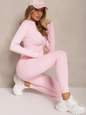 Jasnoróżowy Komplet Sportowy Legginsy i Bluza z Wycięciem na Kciuk Redarose