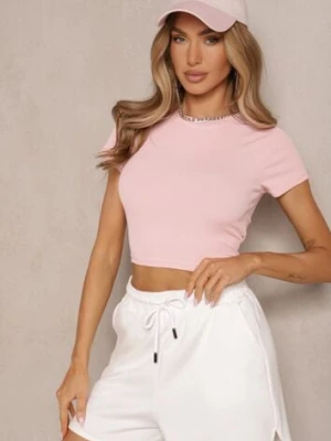 Jasnoróżowy Krótki T-shirt z Prążkowanej Tkaniny Teloma glo-story