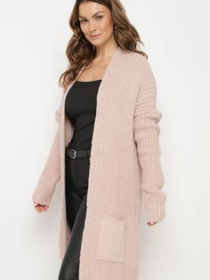 Jasnoróżowy Niezapinany Kardigan z Kieszeniami i Obniżoną Linią Ramion Vialaine miss poem