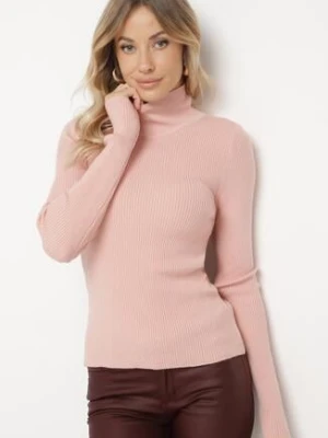 Jasnoróżowy Prążkowany Golf z Wiskozą o Dopasowanym Kroju z Odkrytymi Plecami z Wiązaniem Elattia miss poem