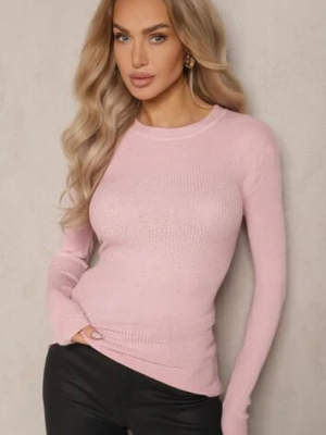 Jasnoróżowy Prążkowany Sweter z Bawełną Ozdobiony Cyrkoniami Romilea j&x