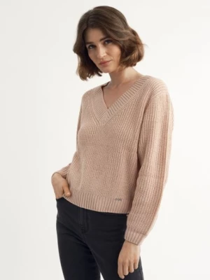 Jasnoróżowy sweter dekolt V damski OCHNIK