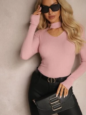 Jasnoróżowy Sweter Golf z Ozdobnym Wycięciem Przy Dekolcie Erticia