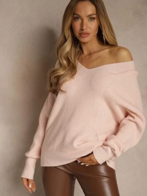 Jasnoróżowy Sweter z Dodatkiem Kaszmiru i Trójkątnym Dekoltem Silefera