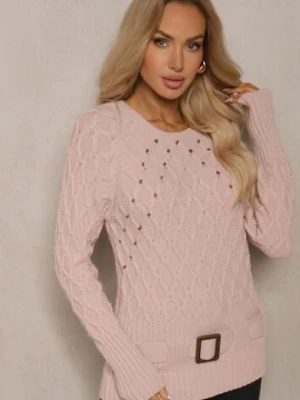 Jasnoróżowy Sweter z Ozdobnym Paskiem i Splotem Vittella miss poem