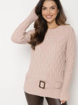 Jasnoróżowy Sweter z Ozdobnym Splotem z Paskiem i Klamrą Riean miss poem