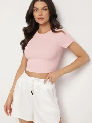 Jasnoróżowy T-shirt z Prążkowanego Materiału o Krótkim Kroju Telunna glo-story