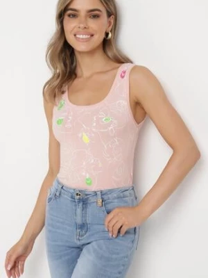 Jasnoróżowy Top Bawełniany z Florystycznym Motywem Bileria glo-story
