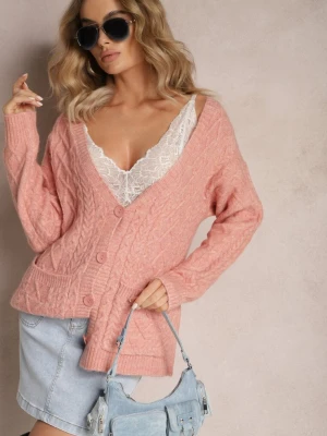 Jasnoróżowy Zapinany Kardigan z Trójkątnym Dekoltem i Warkoczykowy Splot Juessa Wool Fashion